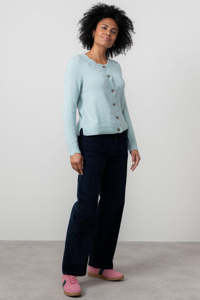 Lily & Me Lily & Me Women's Layla Scalloped Neck Blended yarn Pointelle Knit Cardigan in Duck Egg Blue - 2