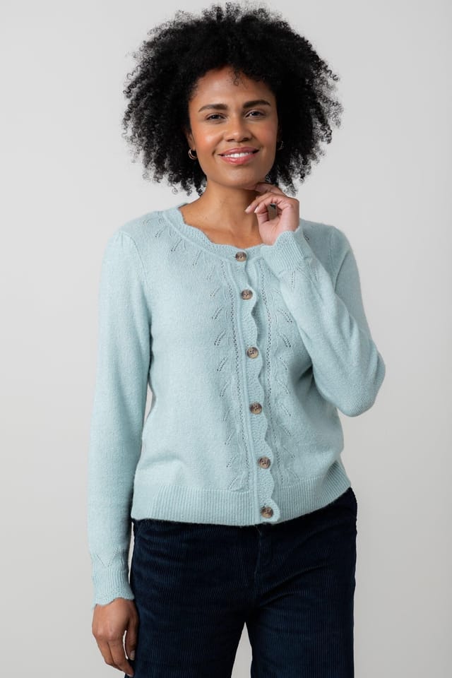 Lily & Me Lily & Me Women's Layla Scalloped Neck Blended yarn Pointelle Knit Cardigan in Duck Egg Blue - 3