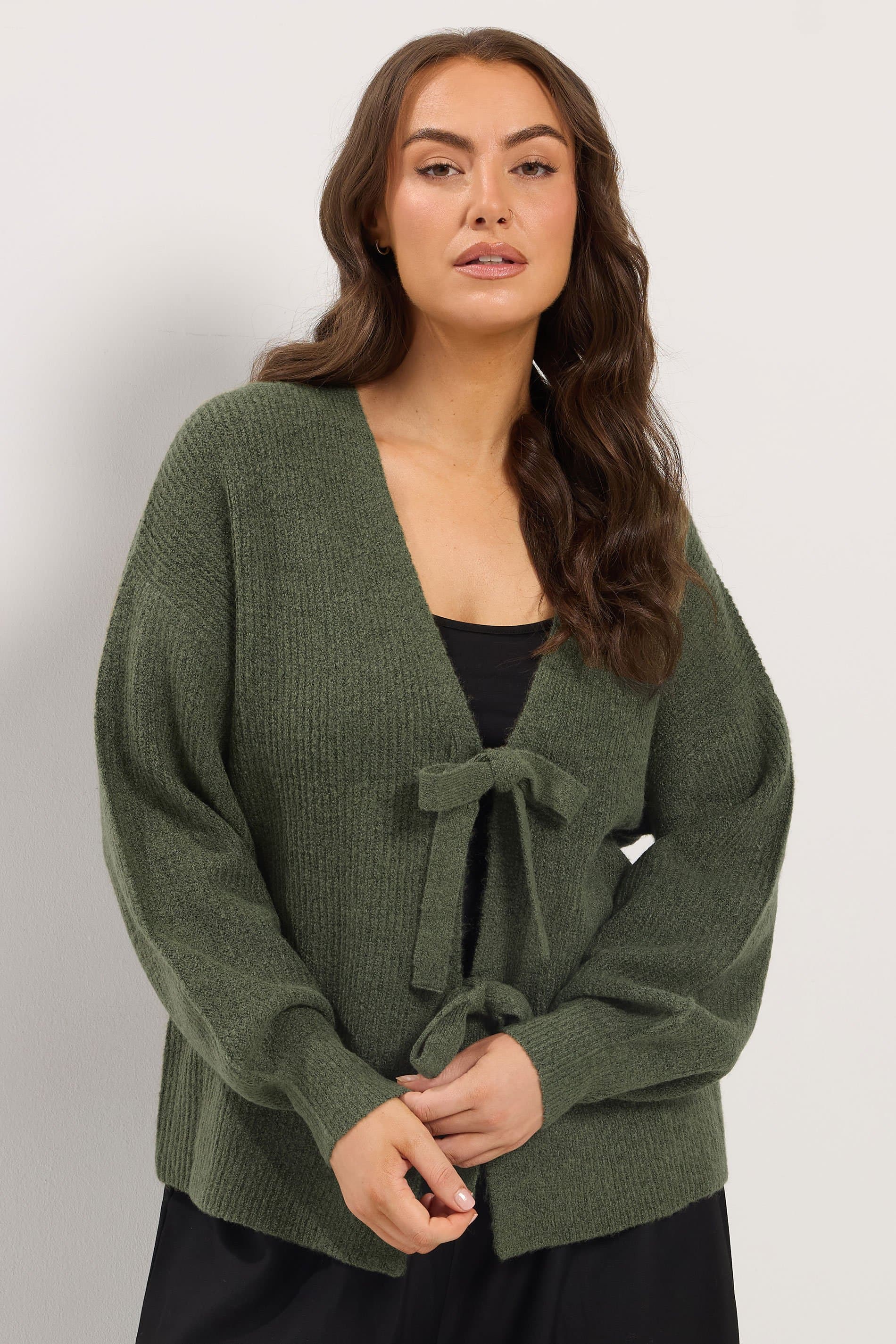 Yours Plus Size Khaki Green Bow Tie Front Cardigan