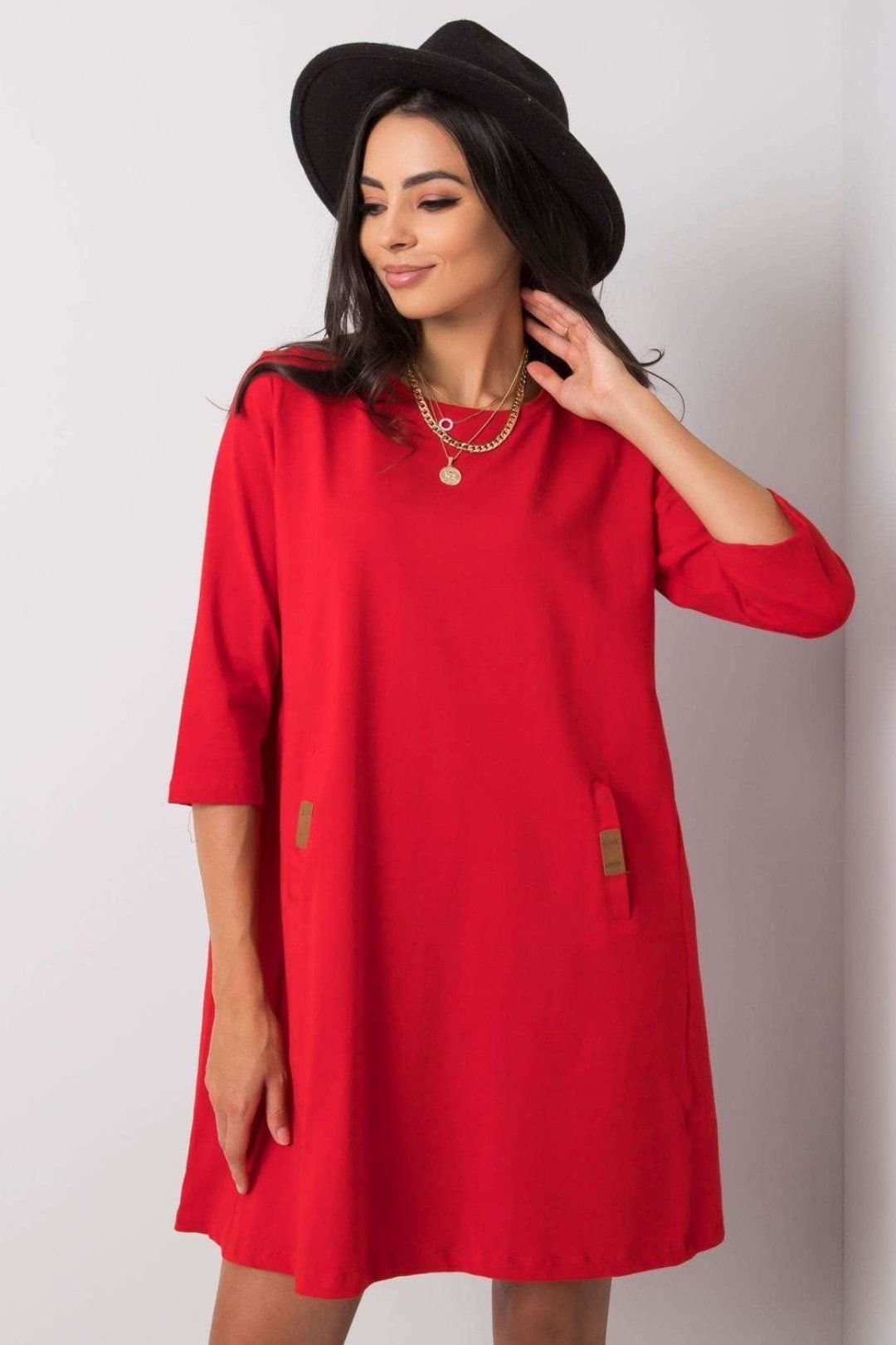 Love Lace Love Lace Women's Loose 3/4 Sleeve Pocket Dress in Red