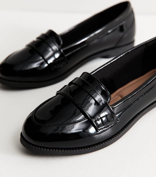 New Look Women's Black Faux Patent Leather Penny Loafers Vegan New Look - 3