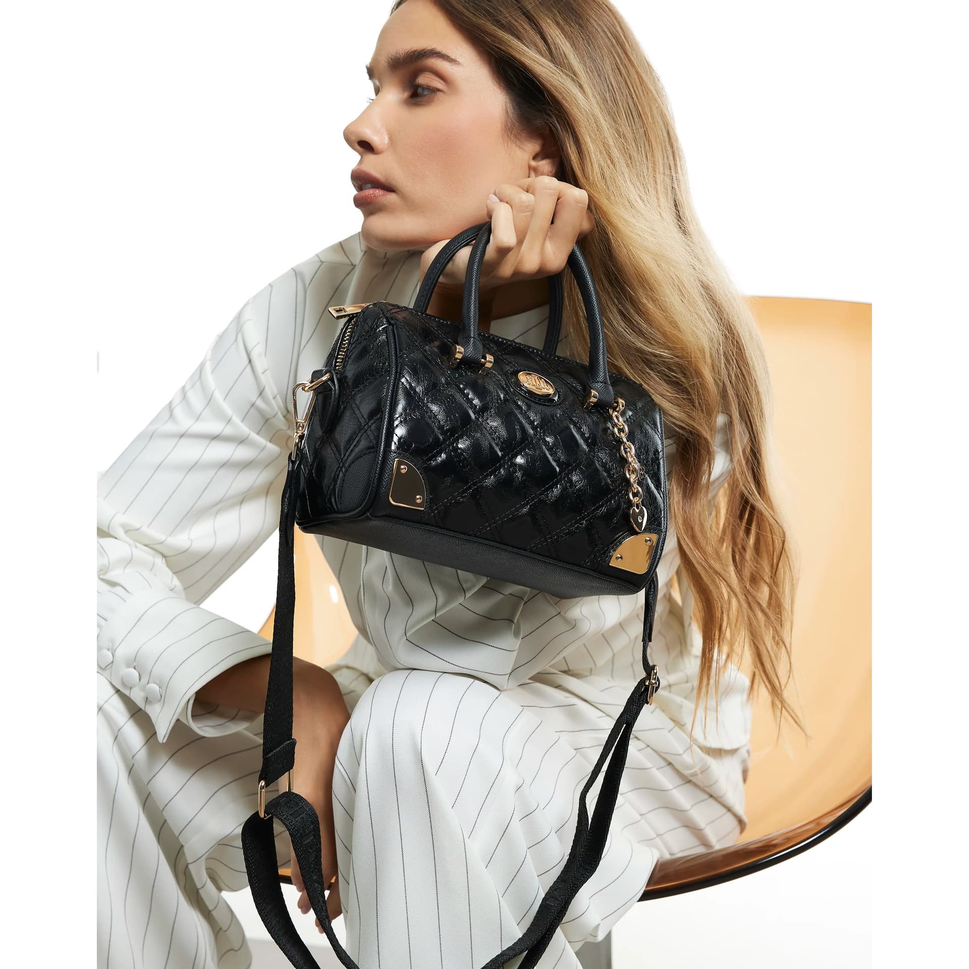 River Island River Island Womens Black Quilted Metal Corner Bowler Bag