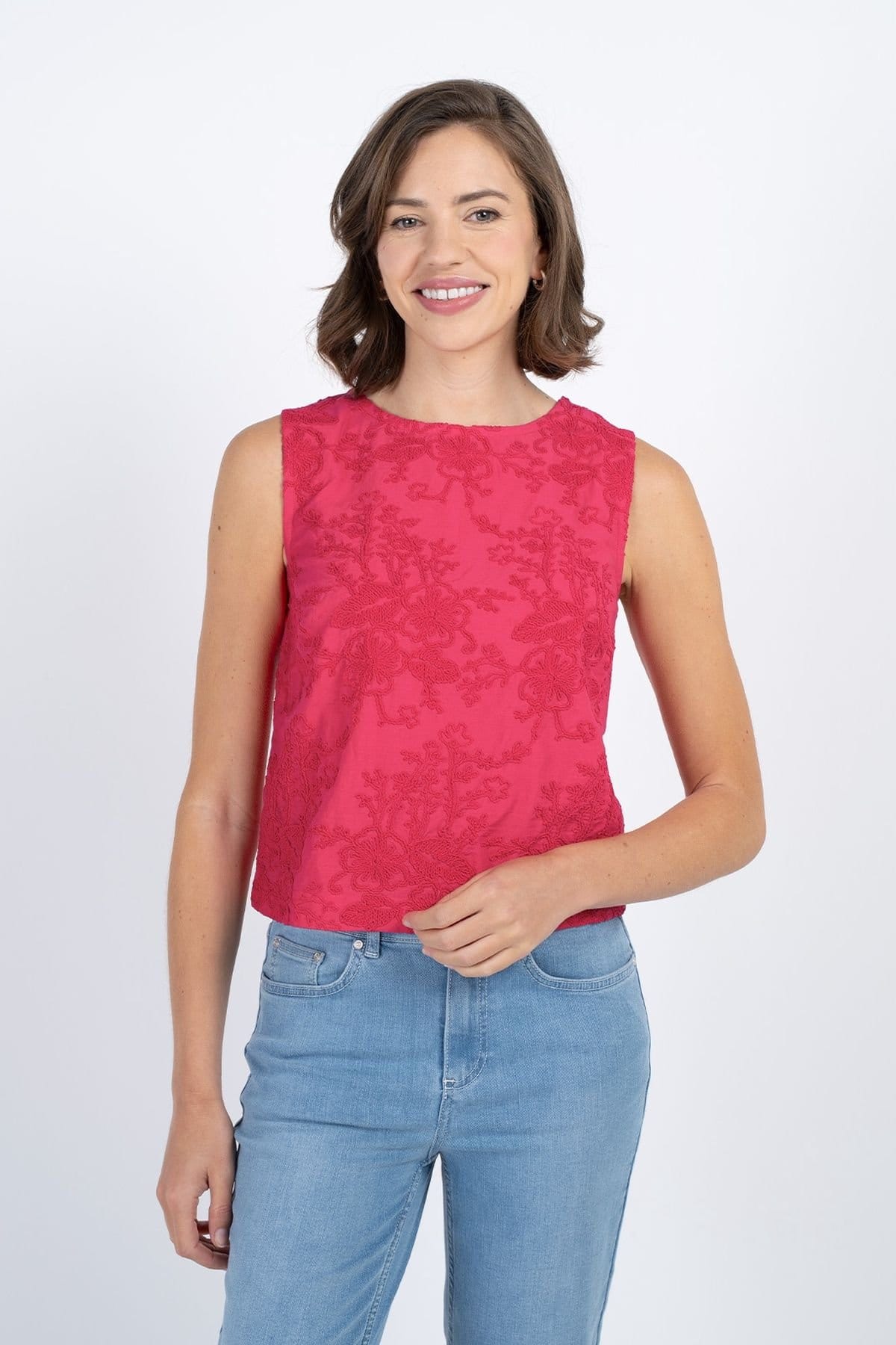 Kettlewell Kettlewell Women's Embroidered Sleeveless Shell Top in Bright Pink - 1