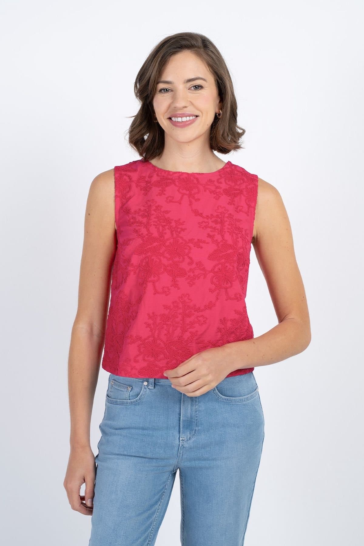 Kettlewell Kettlewell Women's Embroidered Sleeveless Shell Top in Bright Pink