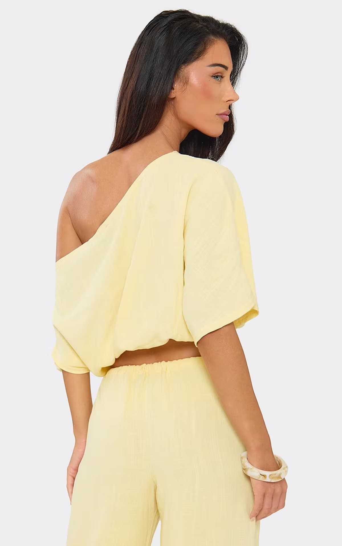 EGO Off The Shoulder Top In Lemon Linen, Women's Size UK 10
