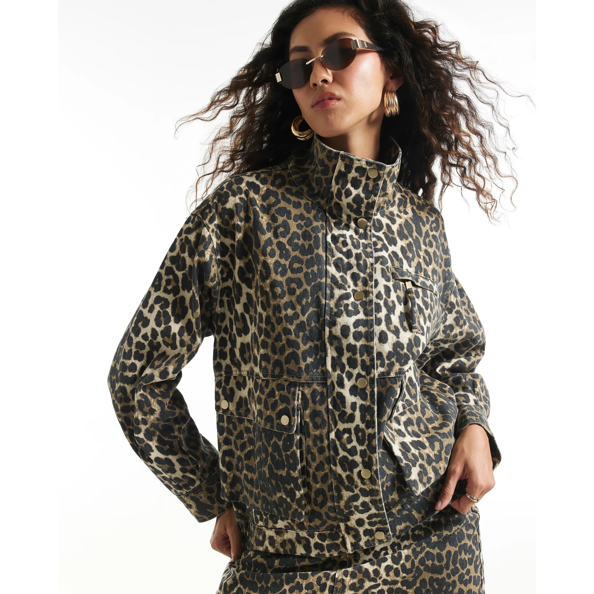 River Island River Island Womens Brown Leopard Denim Funnel Neck Jacket