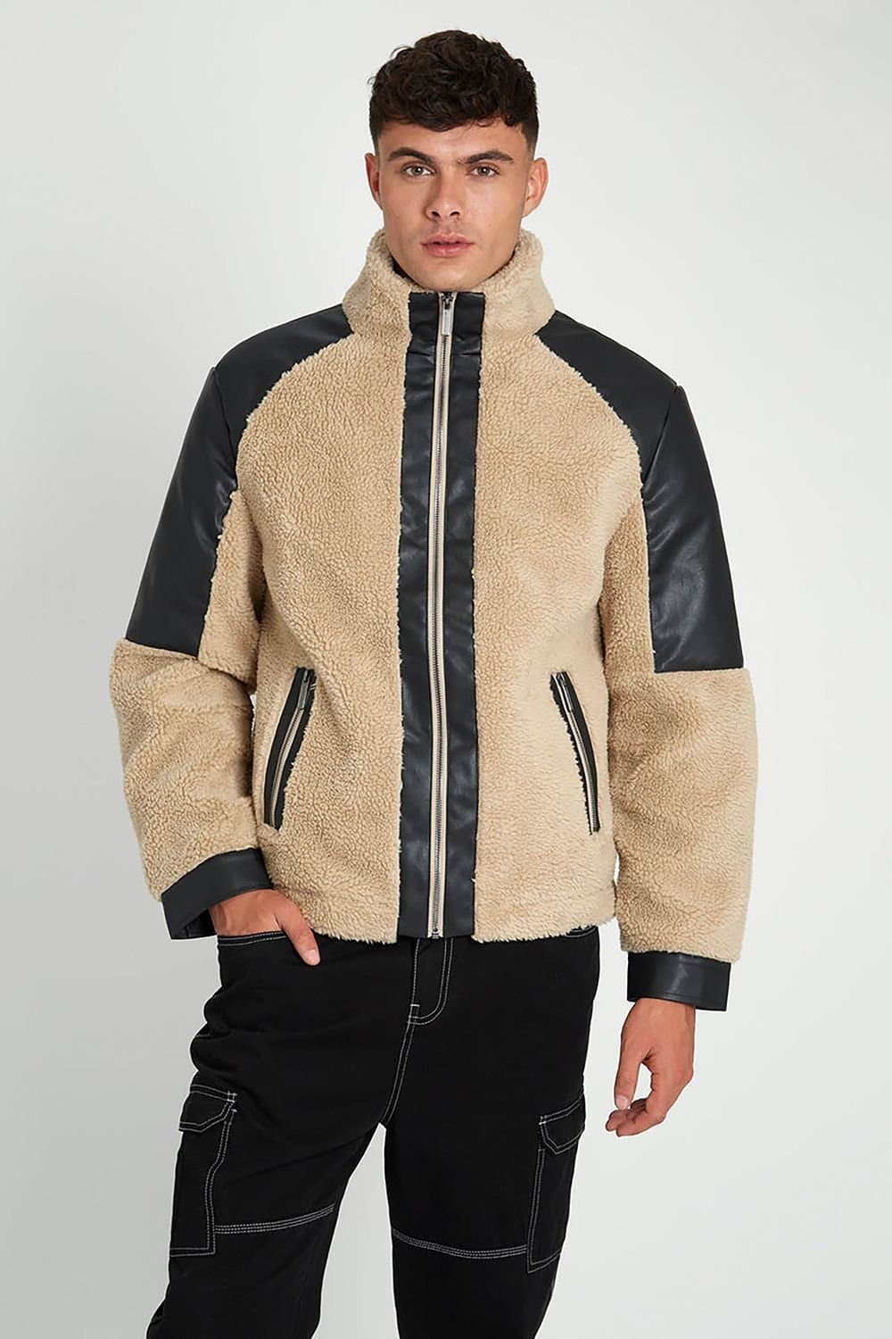 Native Youth Native Youth Men's Sherpa Zip Jacket Faux Leather Trim in Beige