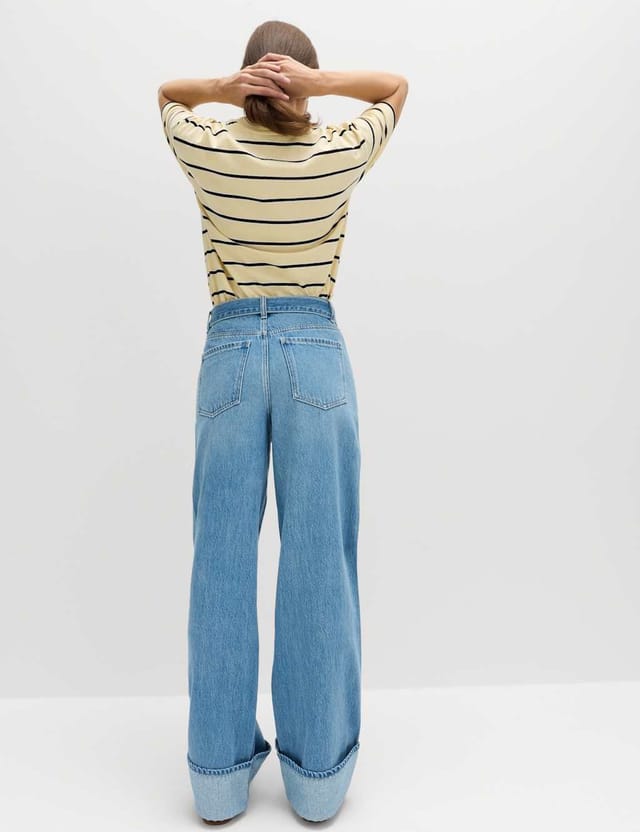 Marks & Spencer M&S Pure Cotton Belted Wide Leg Turn Up Jeans Medium Indigo - 3