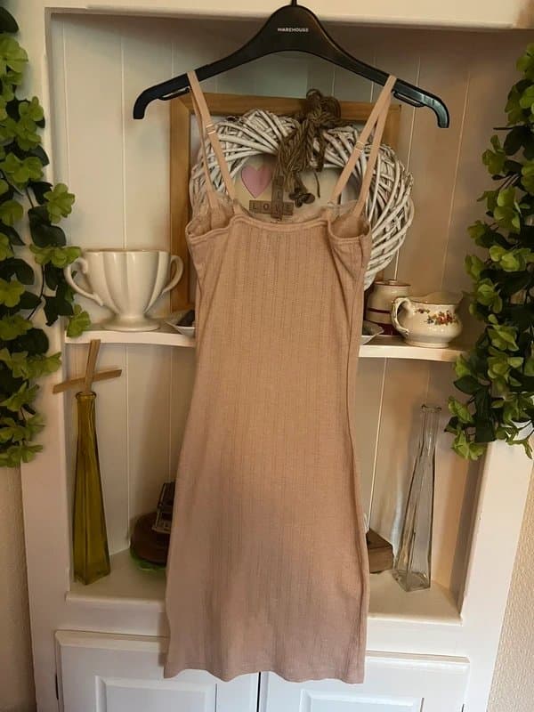 ASOS Dress Y2K Slip Style  - Asos -Beige Nude Lace Trim- Adjustable Straps - Size 6