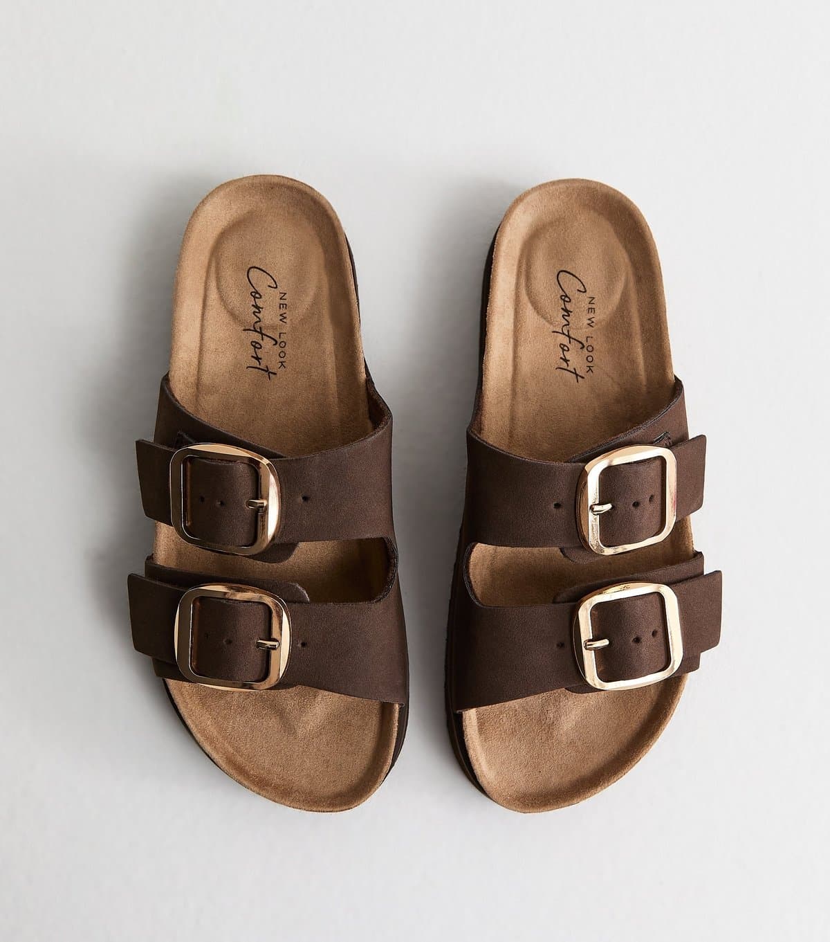 New Look Women's Brown Cork Sole Double Strap Mule Sandals Vegan New Look