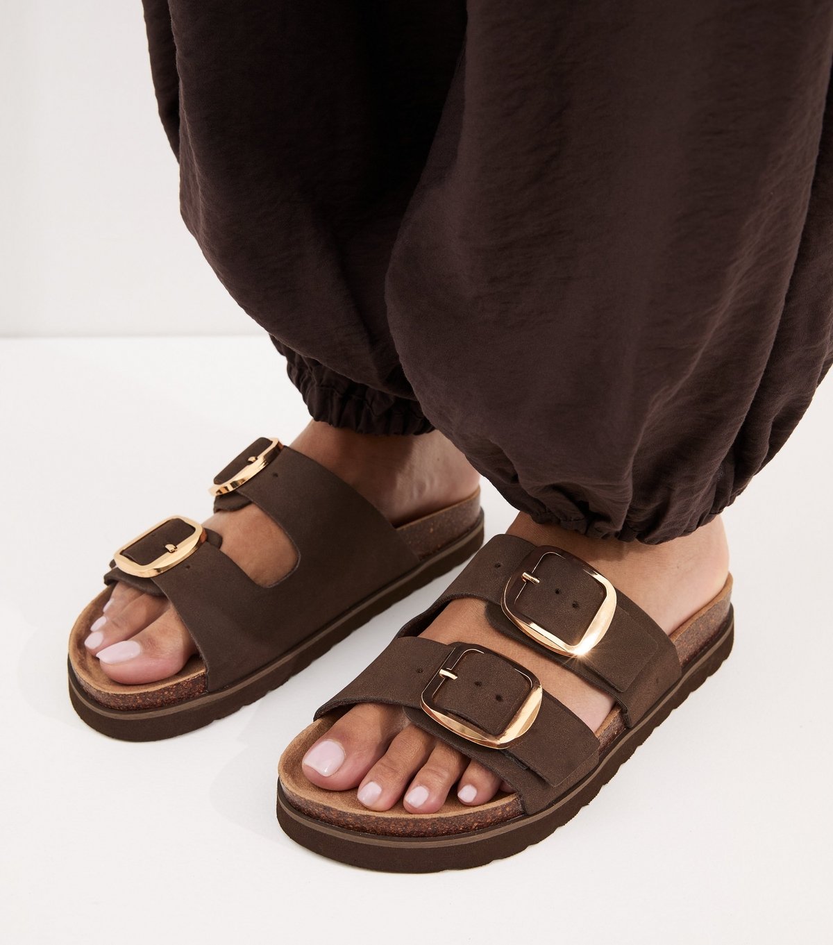 New Look Women's Brown Cork Sole Double Strap Mule Sandals Vegan New Look - 2