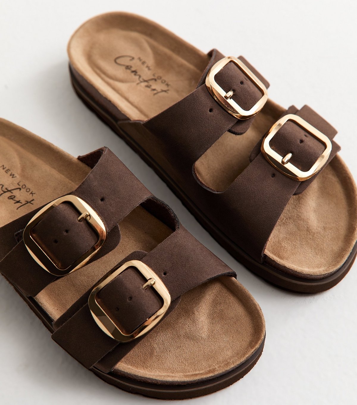 New Look Women's Brown Cork Sole Double Strap Mule Sandals Vegan New Look - 3