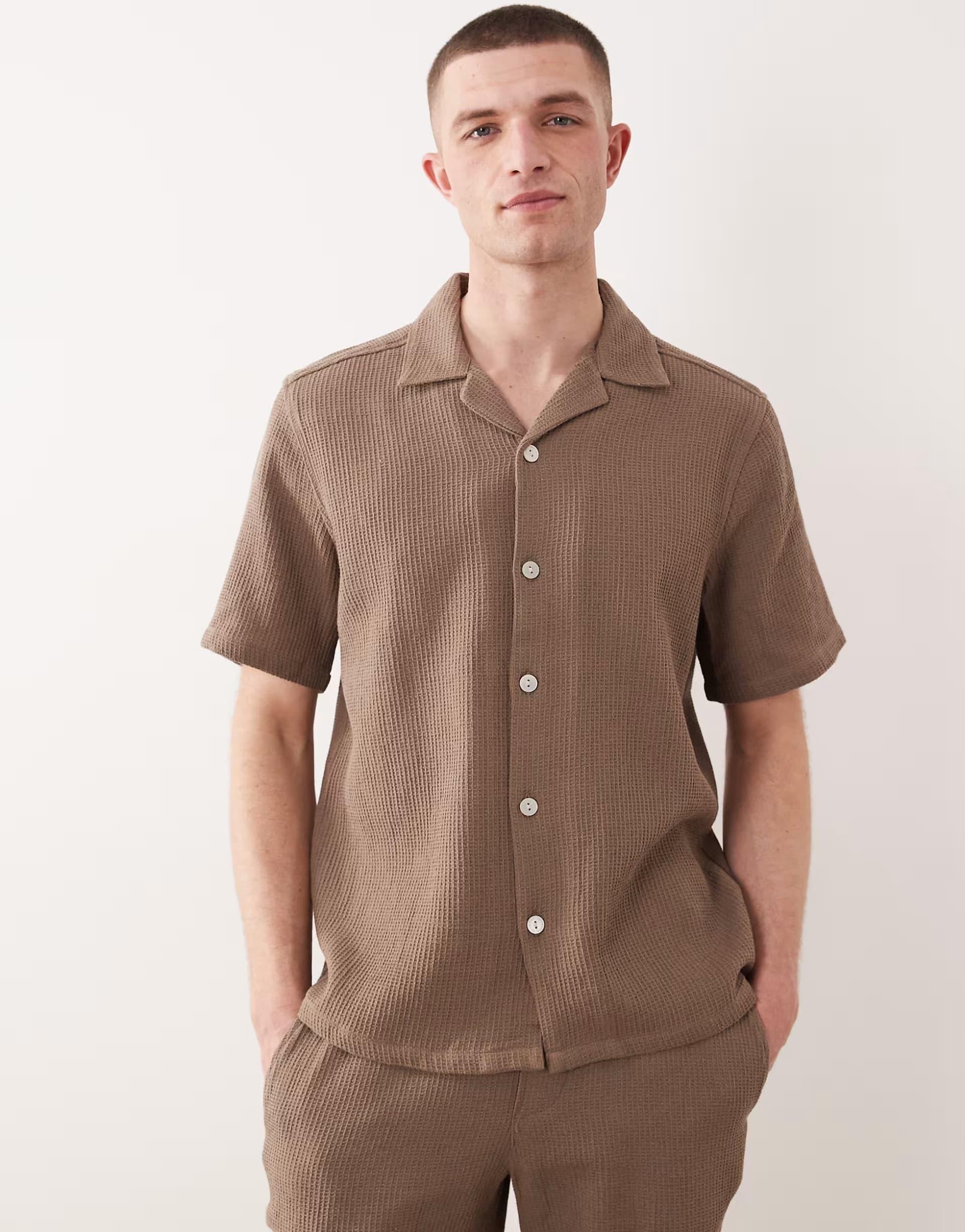 ASOS ONLY & SONS waffle shirt co-ord in brown