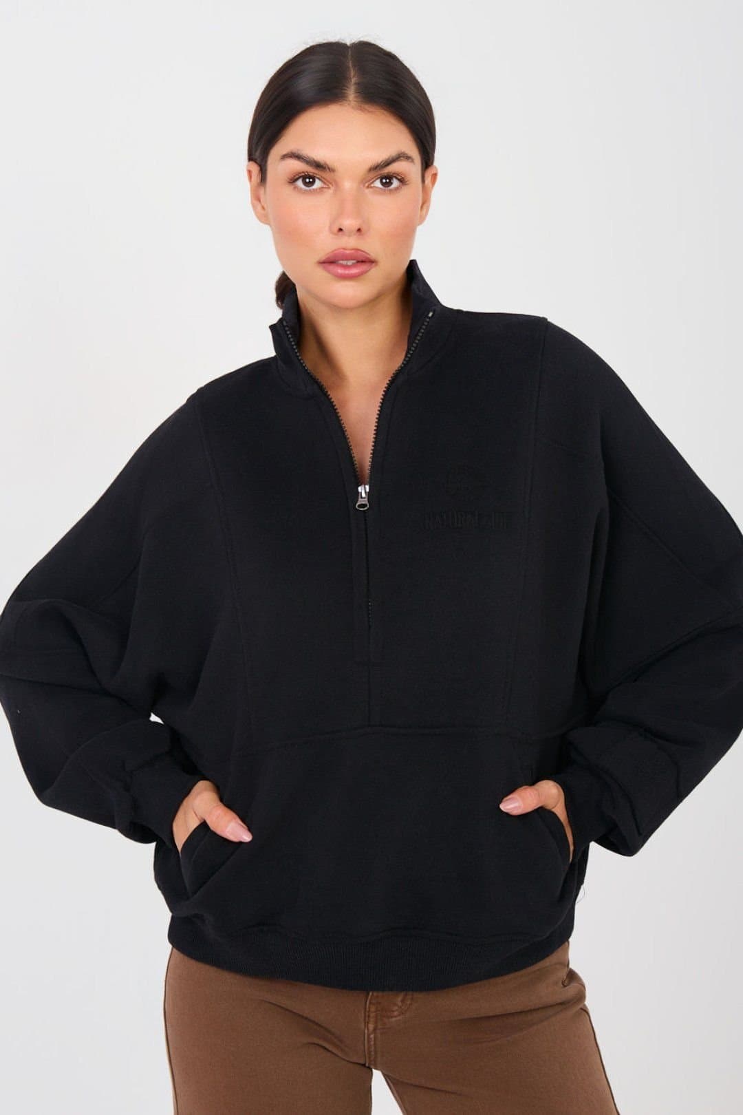 Love Lace Love Lace Women's Stand Up Collar Zip Sweatshirt with Pockets in Black