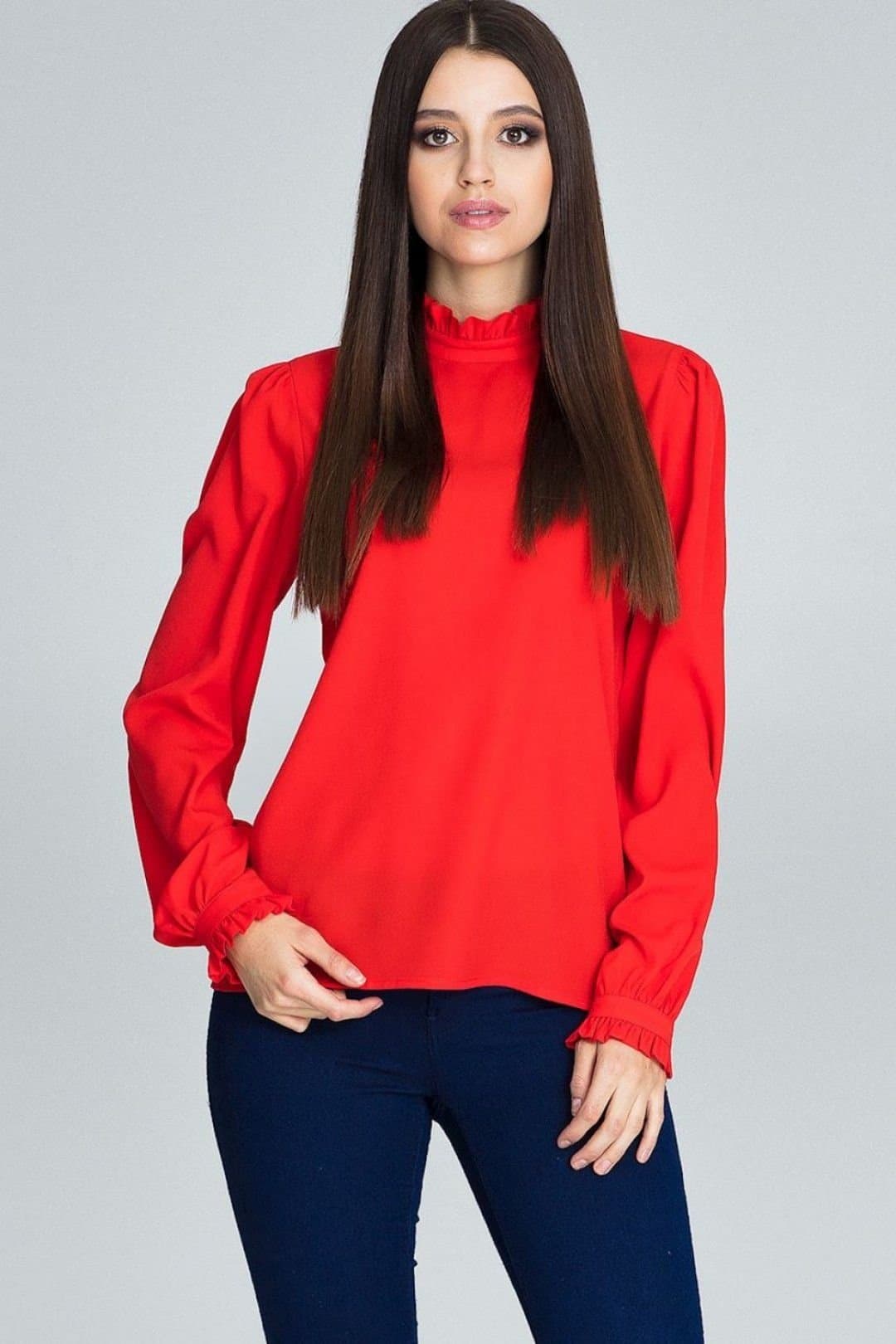 Love Lace Love Lace Red Pleated Long Sleeve Blouse with Frill Cuff