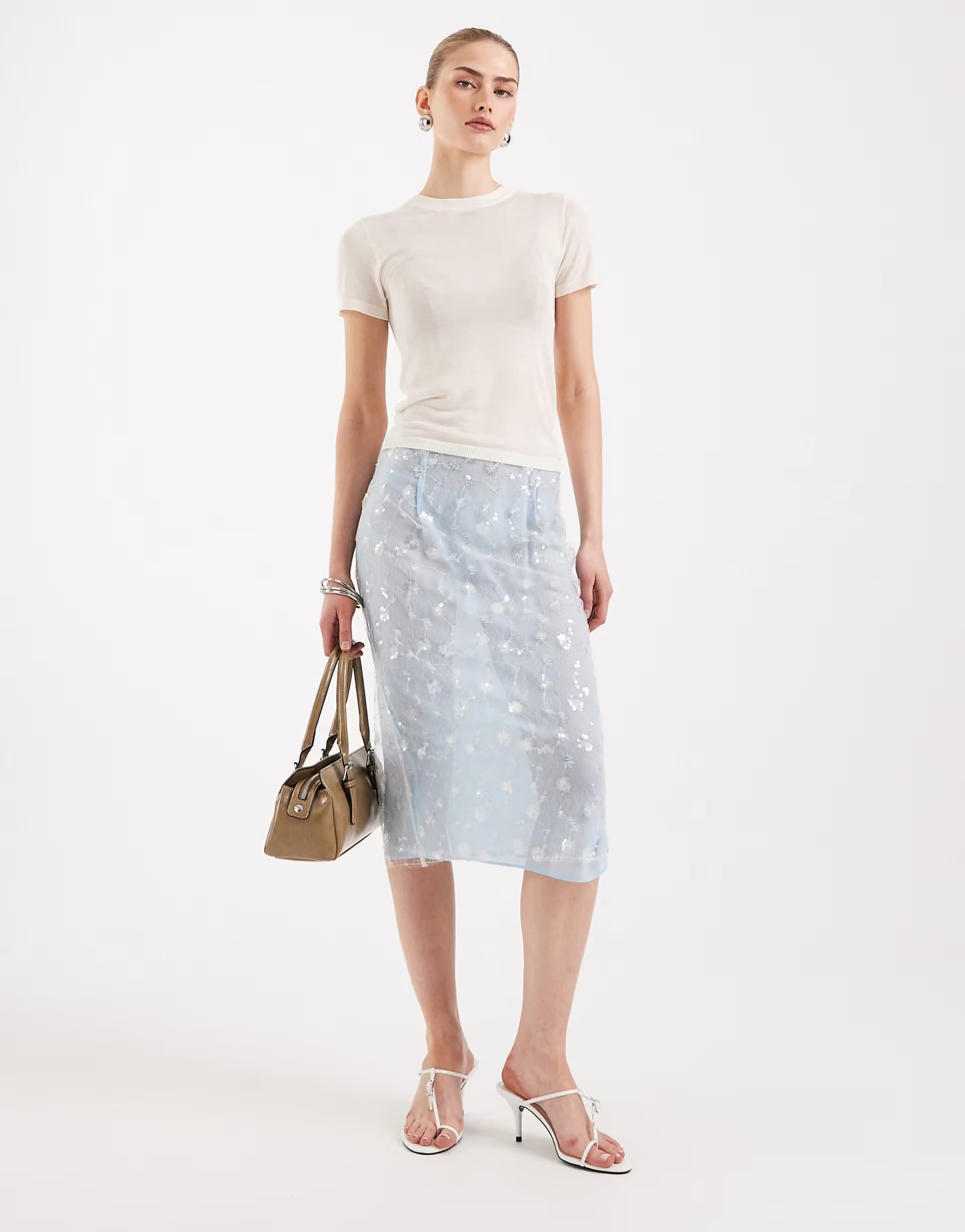 ASOS ASOS DESIGN embellished sheer overlay pencil skirt in blue