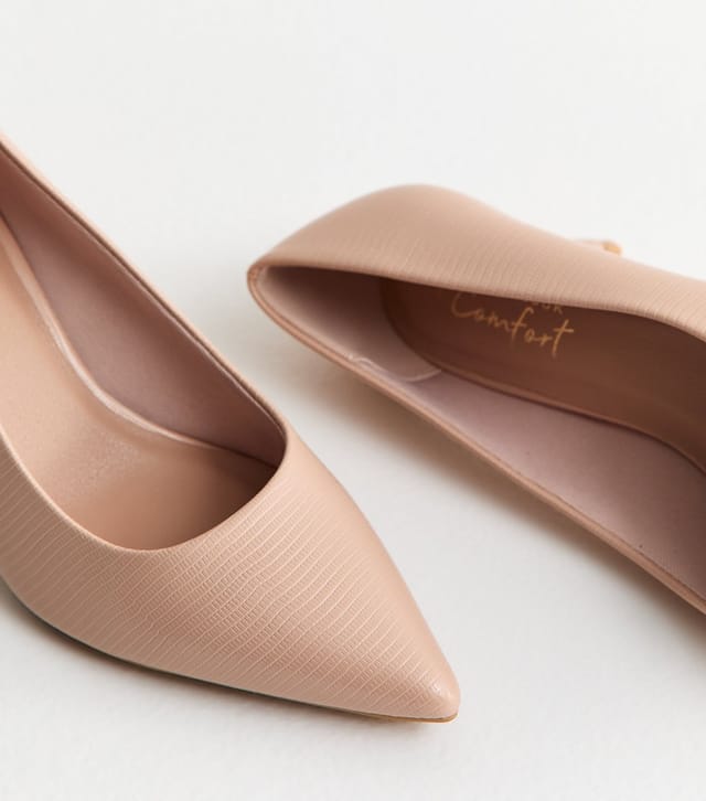 New Look Women's Light Pink Faux Leather Lizard Embossed Heeled Court Shoes Vegan New Look - 3