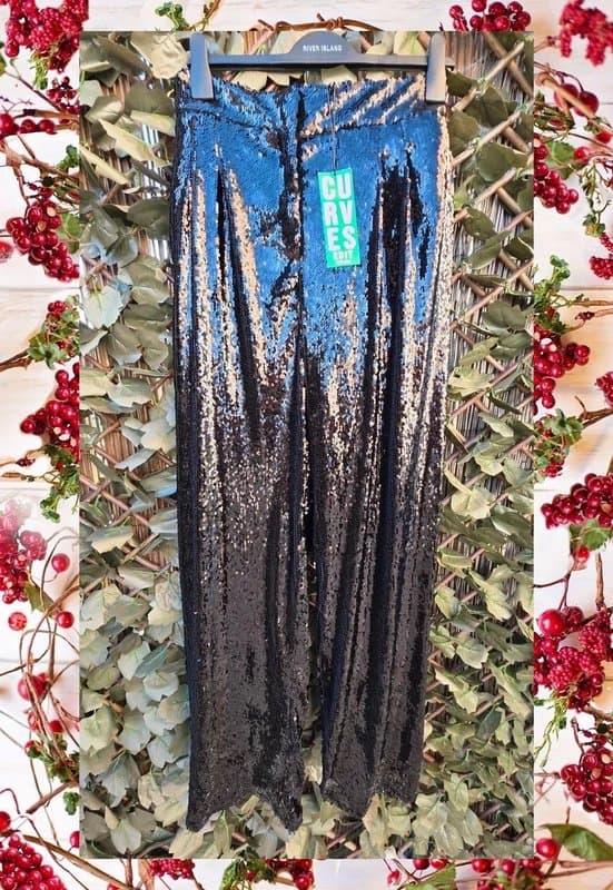 River Island Brand New River Island Plus Black Sequin wide leg Trousers uk 24 Christmas party going out
