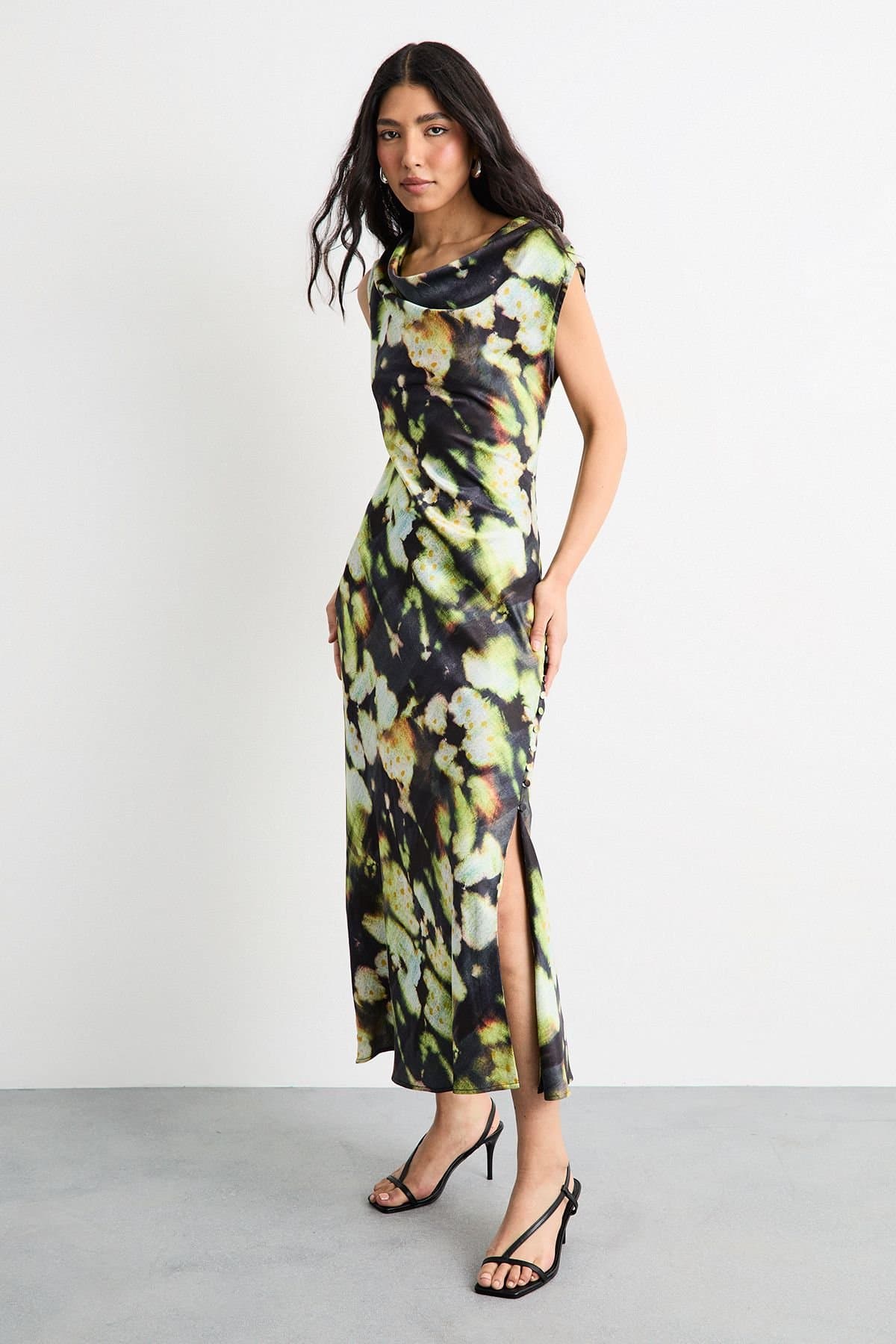 Warehouse Warehouse Women's Abstract Print Cowl Bias Satin Dress With Button Detail in Green