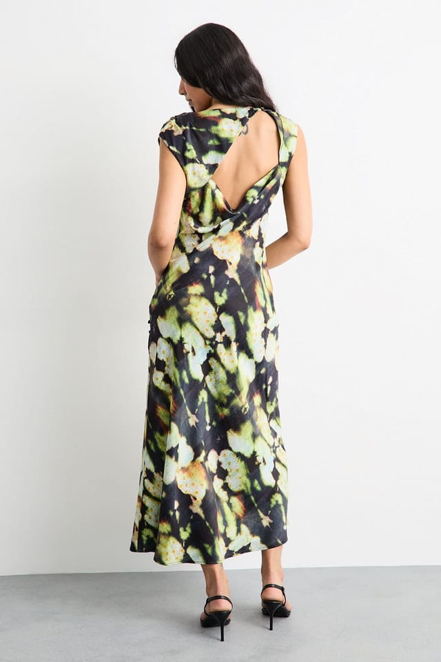 Warehouse Warehouse Women's Abstract Print Cowl Bias Satin Dress With Button Detail in Green - 3