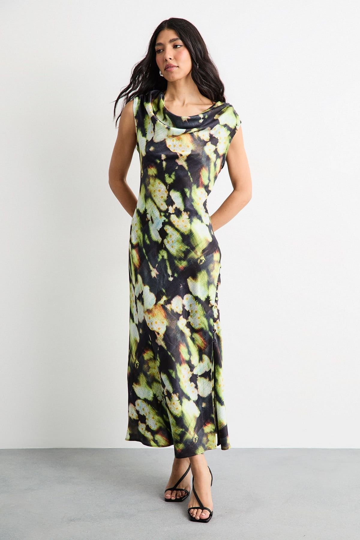 Warehouse Warehouse Women's Abstract Print Cowl Bias Satin Dress With Button Detail in Green - 4