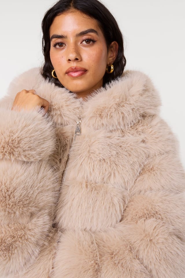 Pink Vanilla Pink Vanilla Women's Light Brown Hooded Pelted Fur Jacket - 3