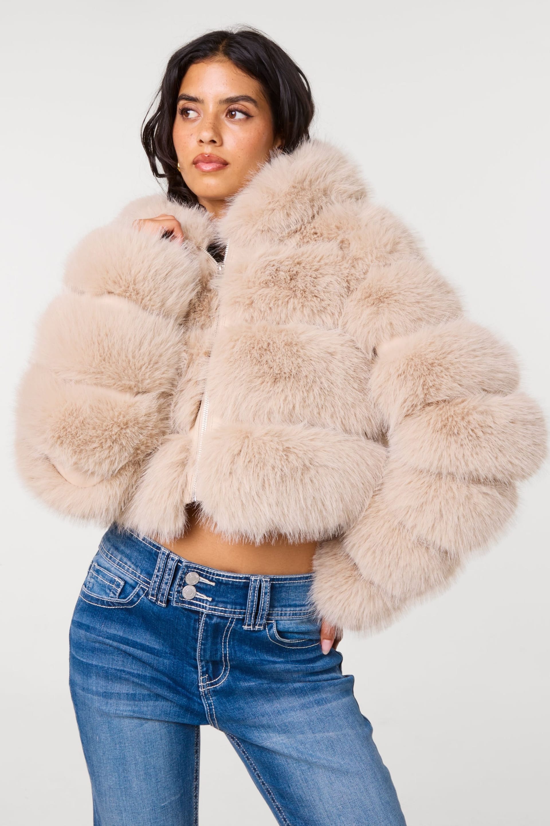 Pink Vanilla Pink Vanilla Women's Light Brown Hooded Pelted Fur Jacket - 4