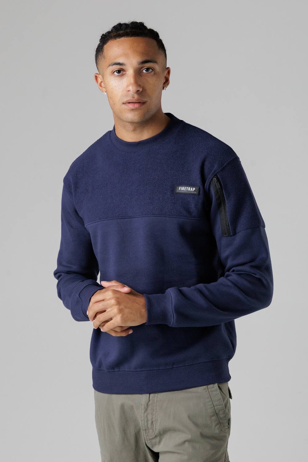 Firetrap Firetrap Men's Regular Fit Cotton Rich Crew Neck Sweatshirt with Sleeve Pocket in Dark Navy - 2