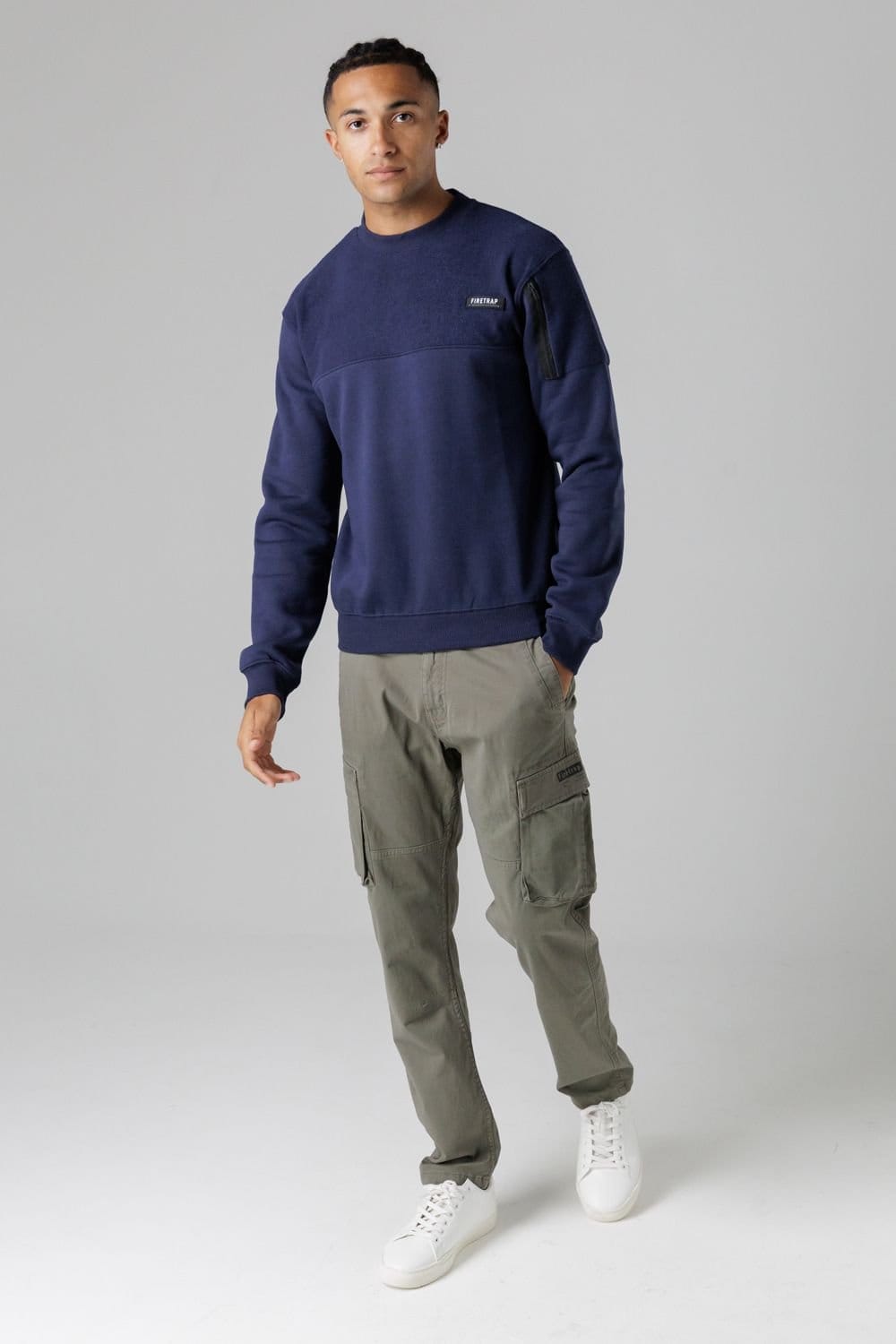 Firetrap Firetrap Men's Regular Fit Cotton Rich Crew Neck Sweatshirt with Sleeve Pocket in Dark Navy - 4