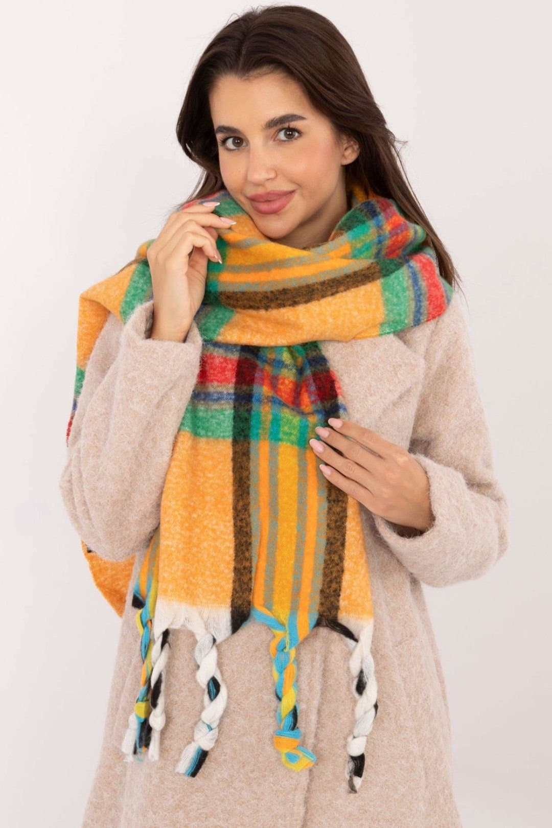 Love Lace Love Lace Women's Elegant Check Pattern Polyester Scarf with Tassels for Winter in Orange