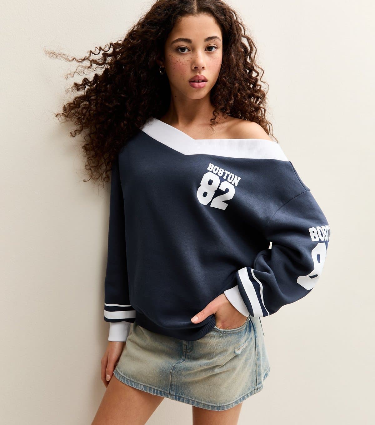 New Look Girls' Navy Boston Off Shoulder Oversized Jumper New Look