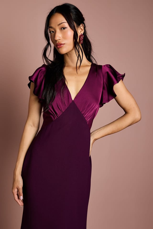 Coast Coast Women's Honoured V Neck Angel Short Sleeve Satin Maxi Bridesmaid Dress in Fig - 2