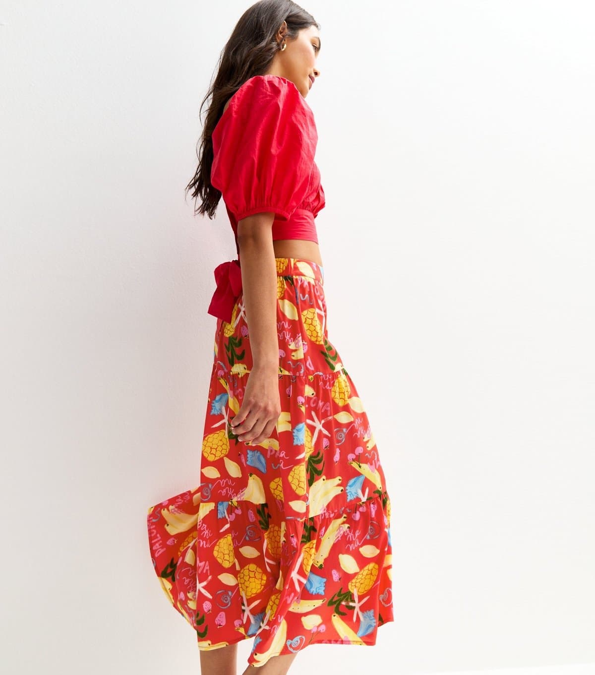 New Look Women's Red Tropical Print Lightweight Tiered Midi Skirt New Look