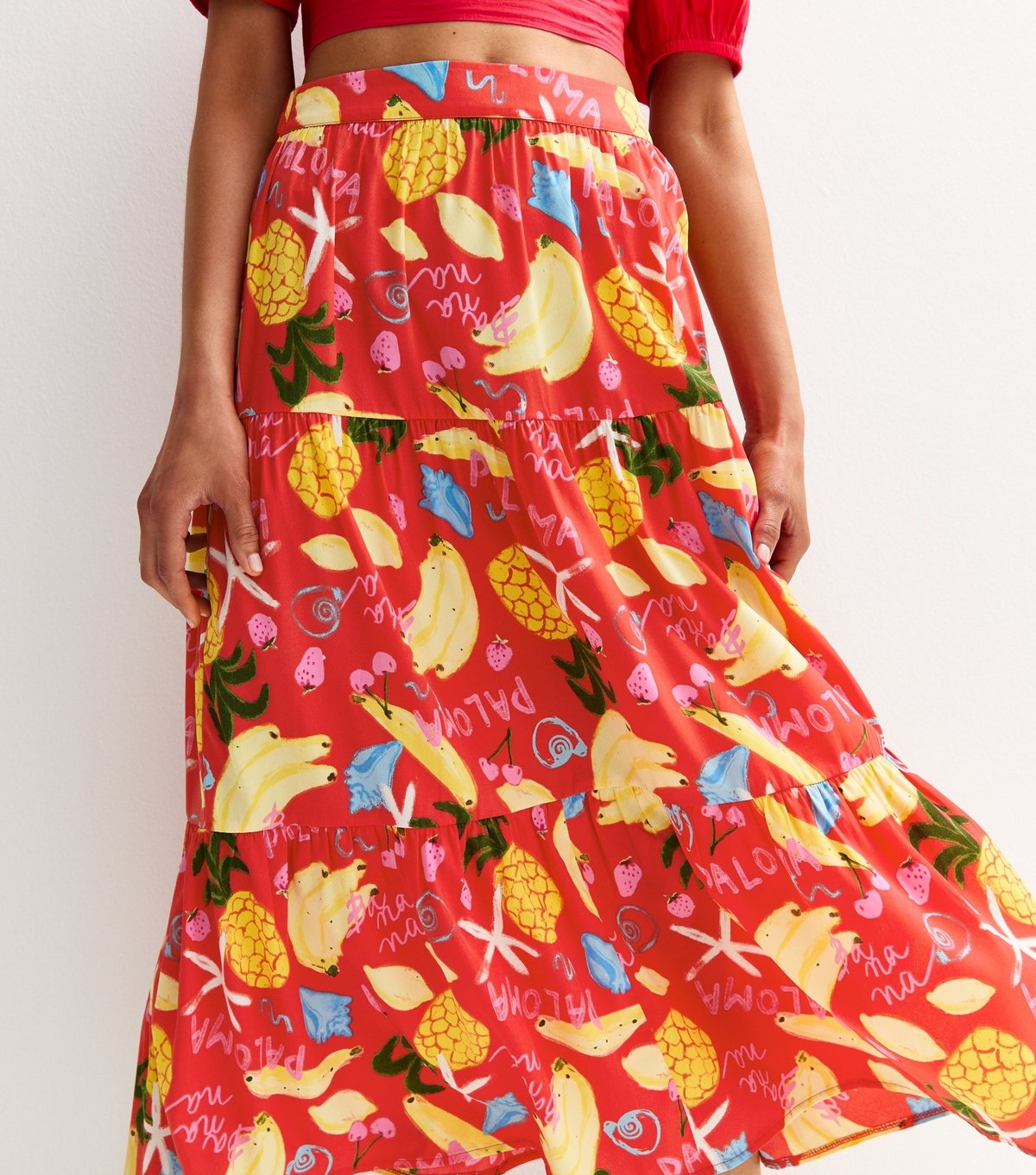 New Look Women's Red Tropical Print Lightweight Tiered Midi Skirt New Look - 2