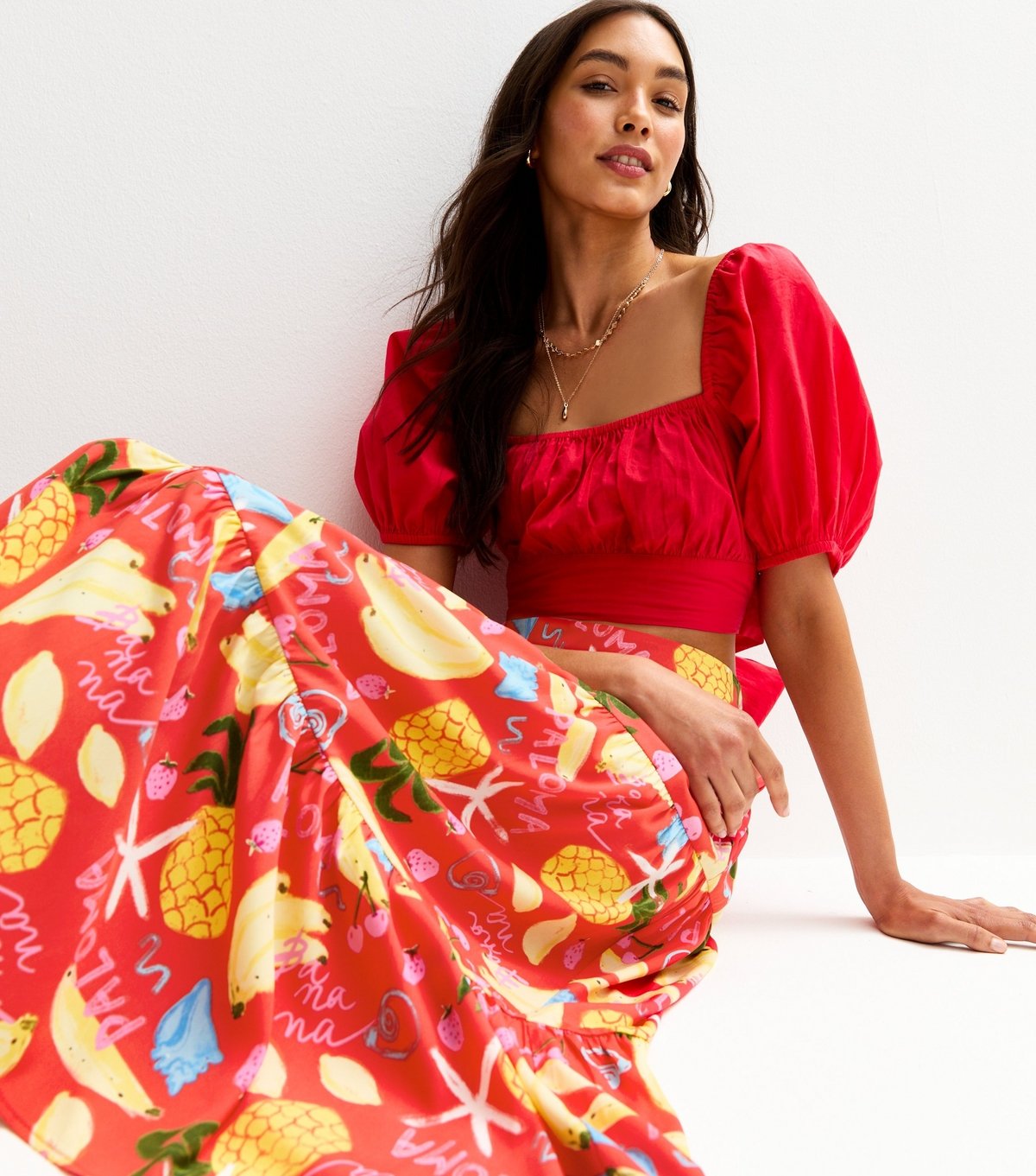 New Look Women's Red Tropical Print Lightweight Tiered Midi Skirt New Look - 3