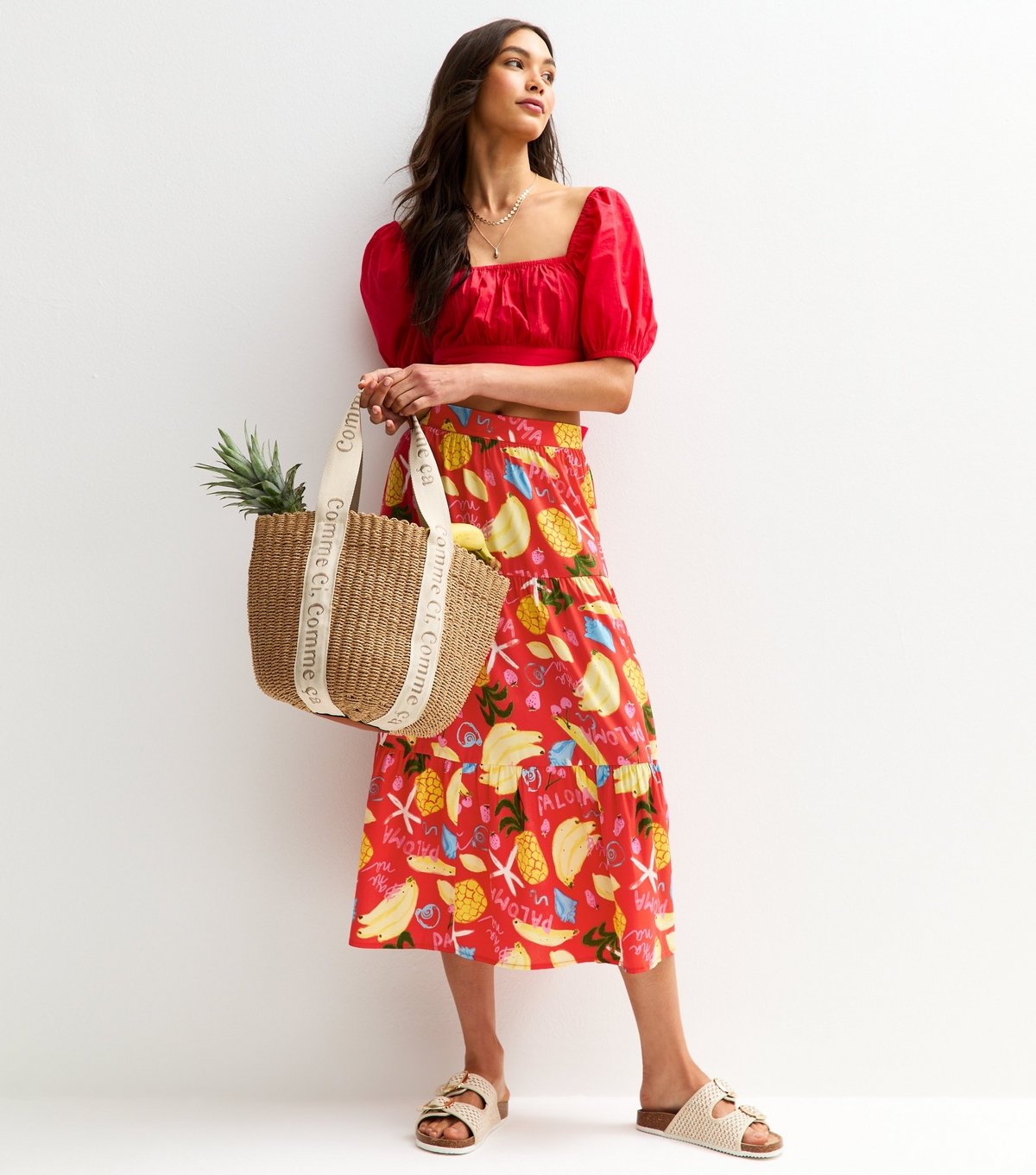 New Look Women's Red Tropical Print Lightweight Tiered Midi Skirt New Look - 4