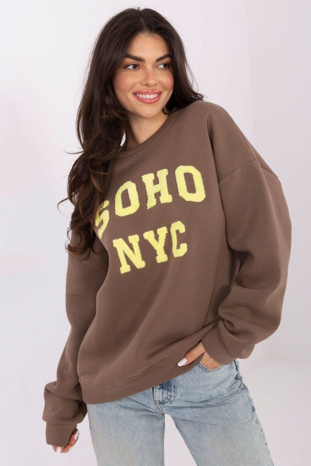 Love Lace Love Lace Women's Casual Cotton Polyester Sweatshirt Round Neck in Brown