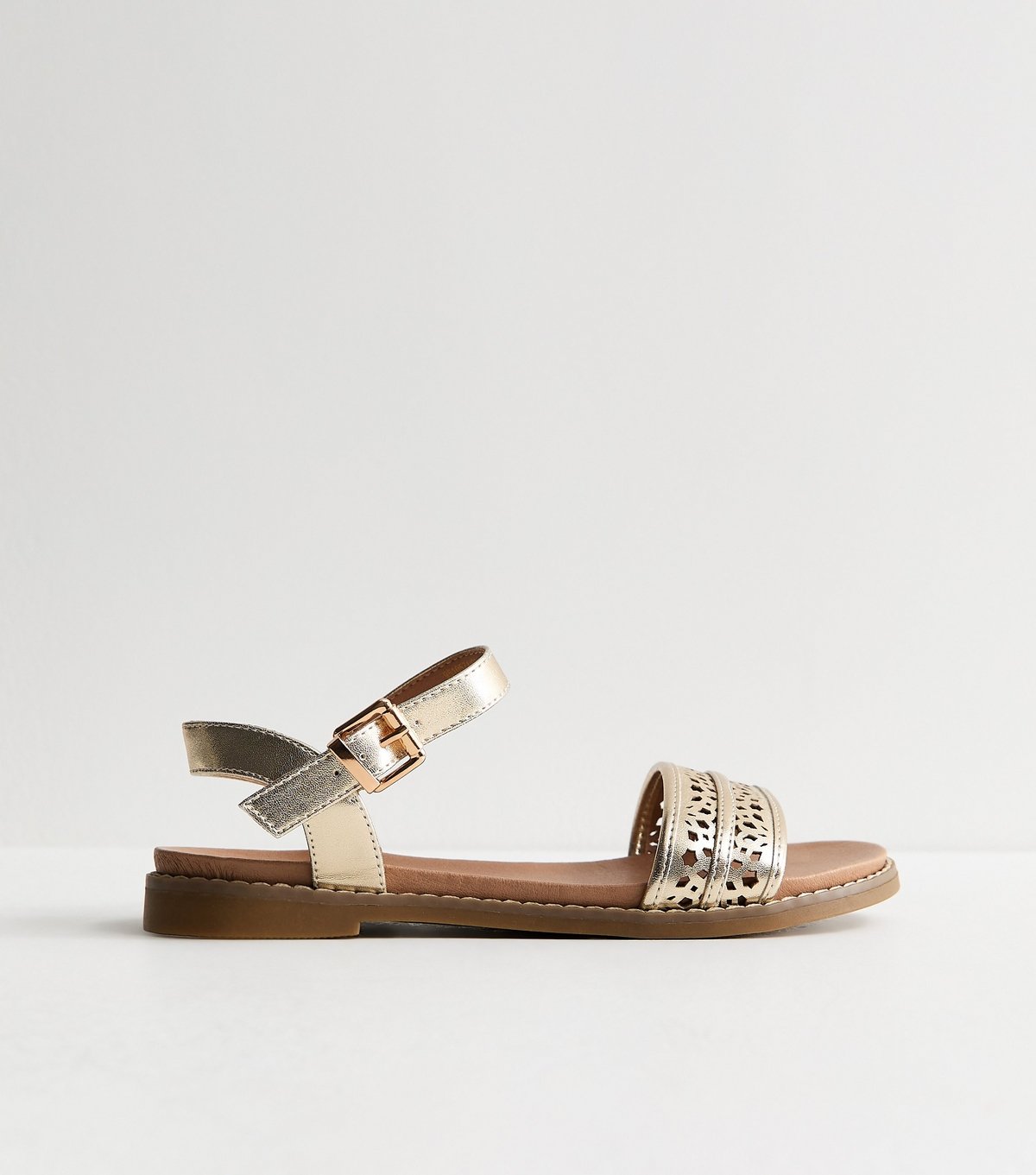 New Look Women's Gold Faux Leather Cut Out Strap Flat Sandals Vegan New Look - 4