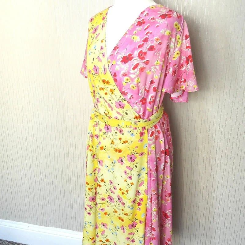 Never Fully Dressed Never Fully Dressed Wrap Dress Size 12 UK Pink Yellow Floral Holiday FLAW