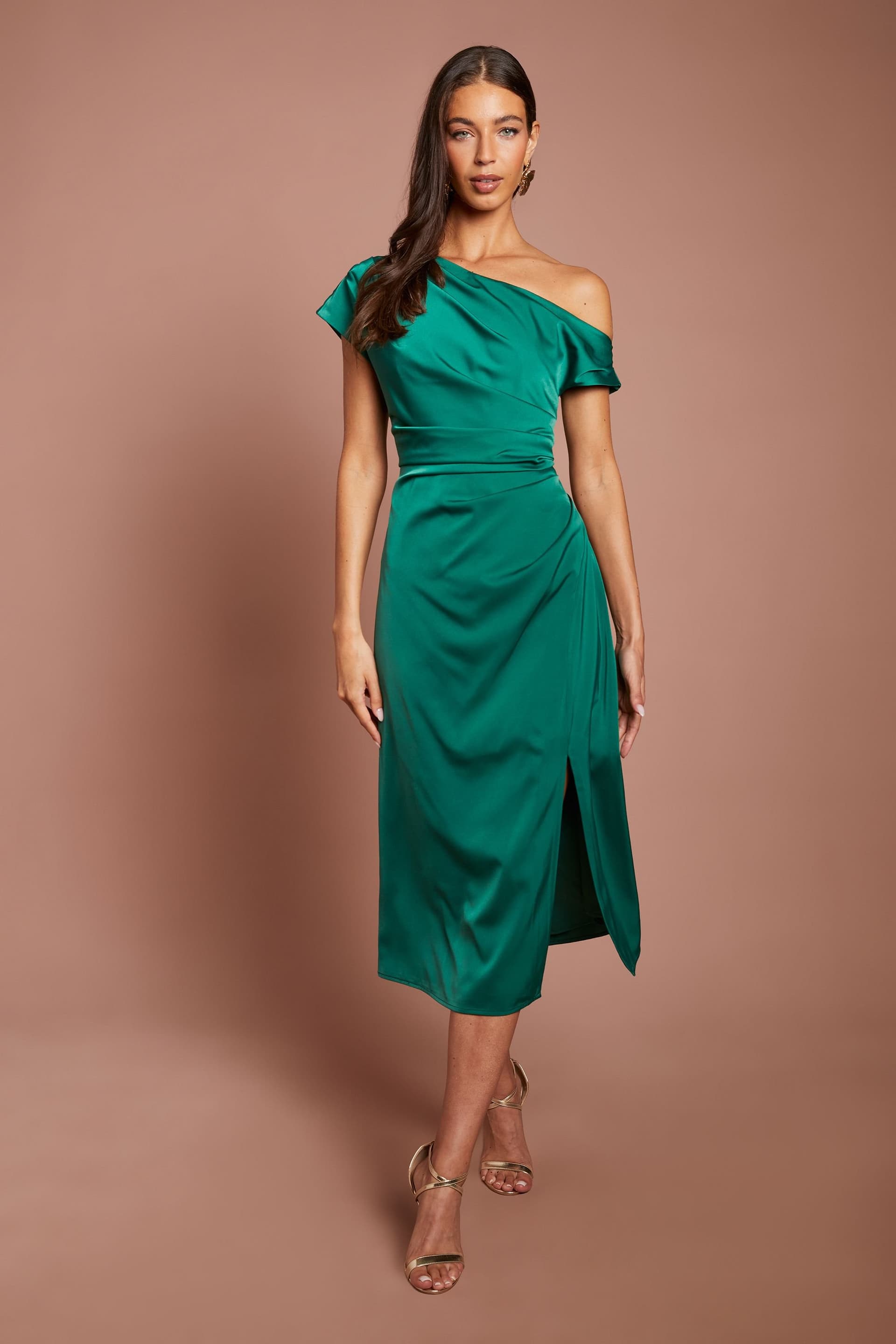 Coast Coast Women's Off Shoulder Satin Side Tie Midi Dress in Emerald
