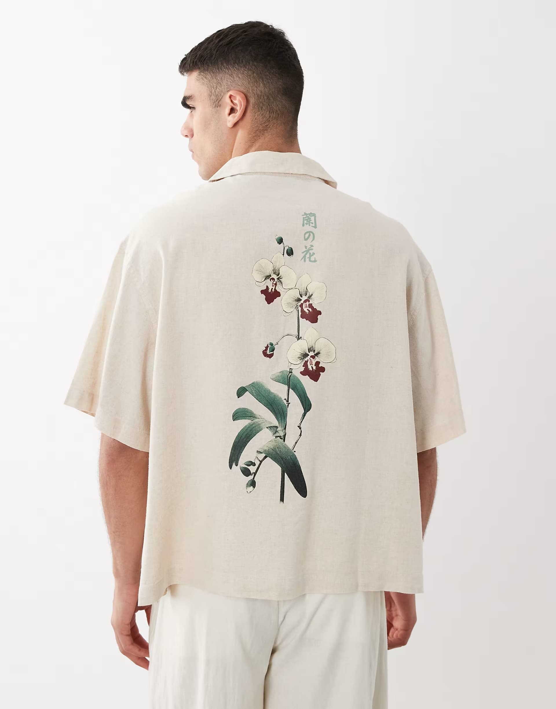 ASOS ASOS DESIGN boxy oversized revere linen blend shirt with floral placement print in beige