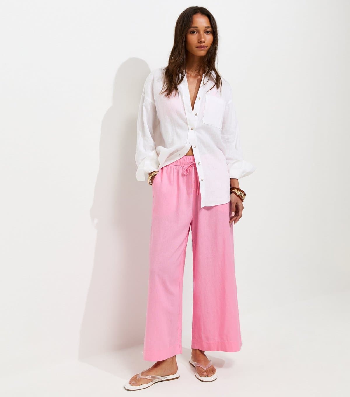 New Look Women's Bright Pink Linen Rich Crop Trousers New Look