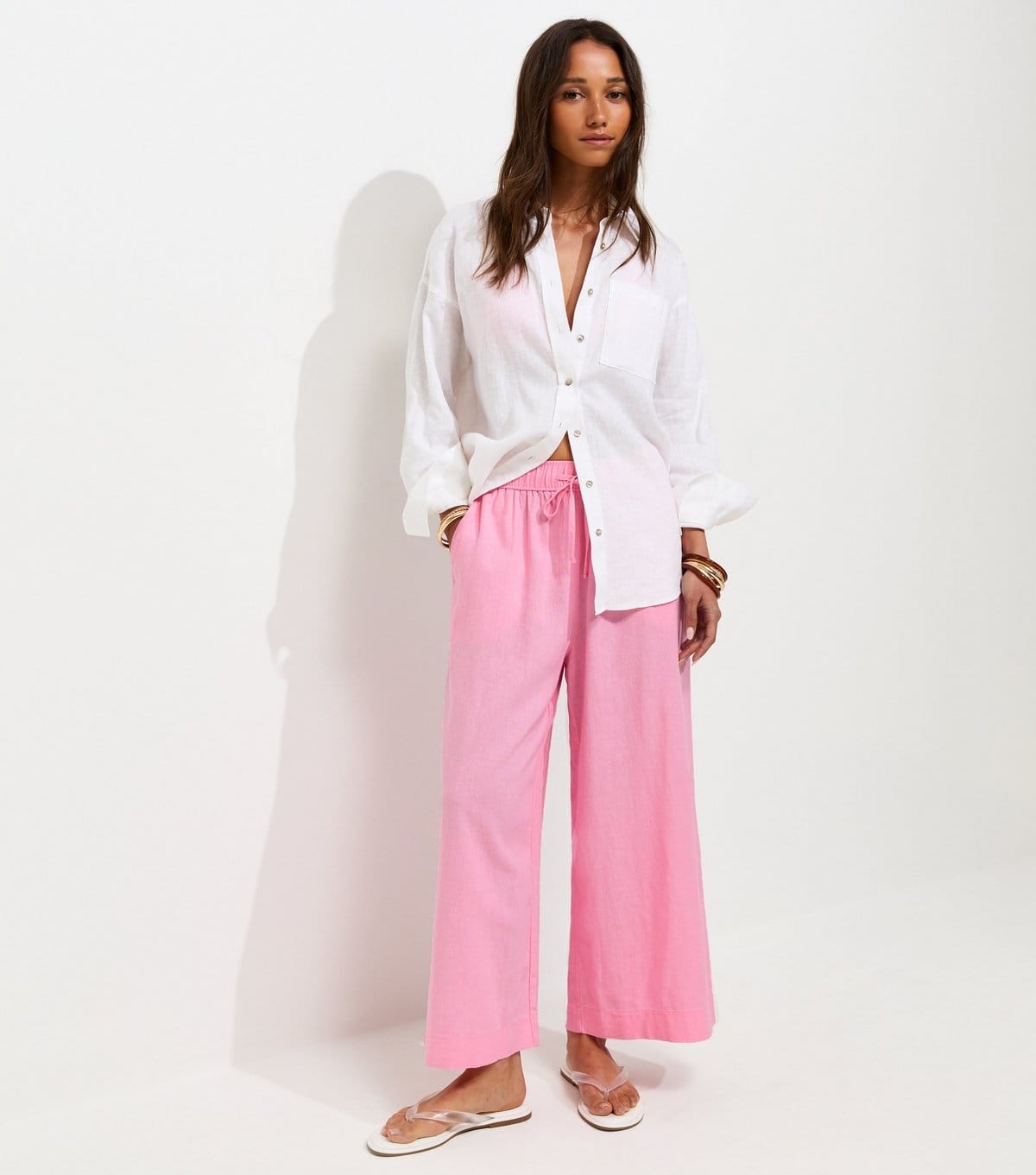 Women's Bright Pink Linen Rich Crop Trousers New Look