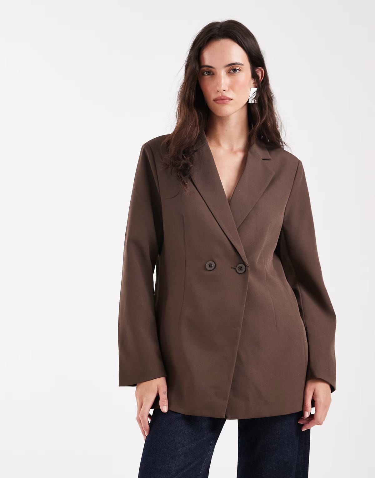 ASOS Pieces oversized double breasted blazer in chocolate brown - 1