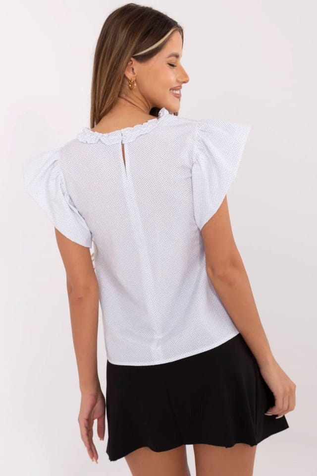 Love Lace Love Lace Women's Cotton Polka Dot Blouse with Frill Neckline in White - 3