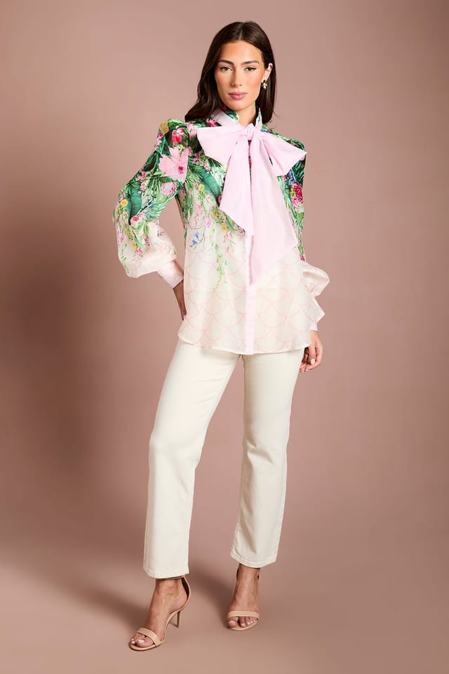 Coast Coast Women's Lisa Tan Pussybow Long Sleeve Organza Shirt in Ivory - 2