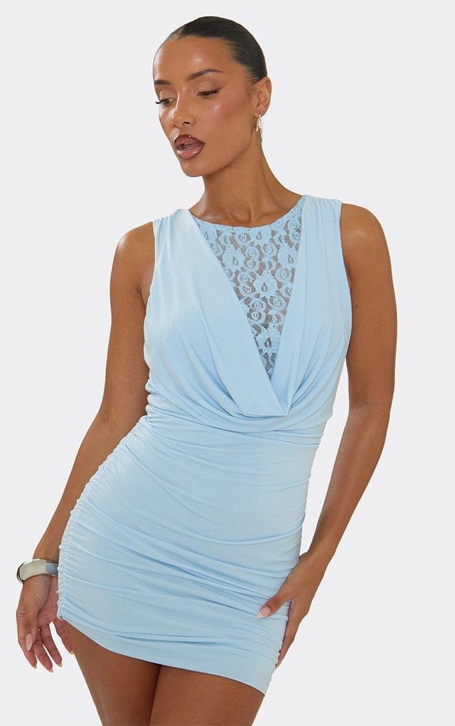 EGO Sleeveless Contrast Lace Cowl Neck Mini Dress In Blue Slinky, Women's Size UK L - 2