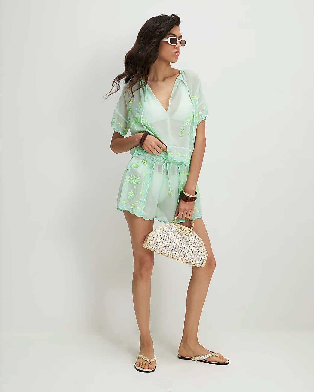 River Island River Island Womens Green Chiffon Embroidered Shorts
