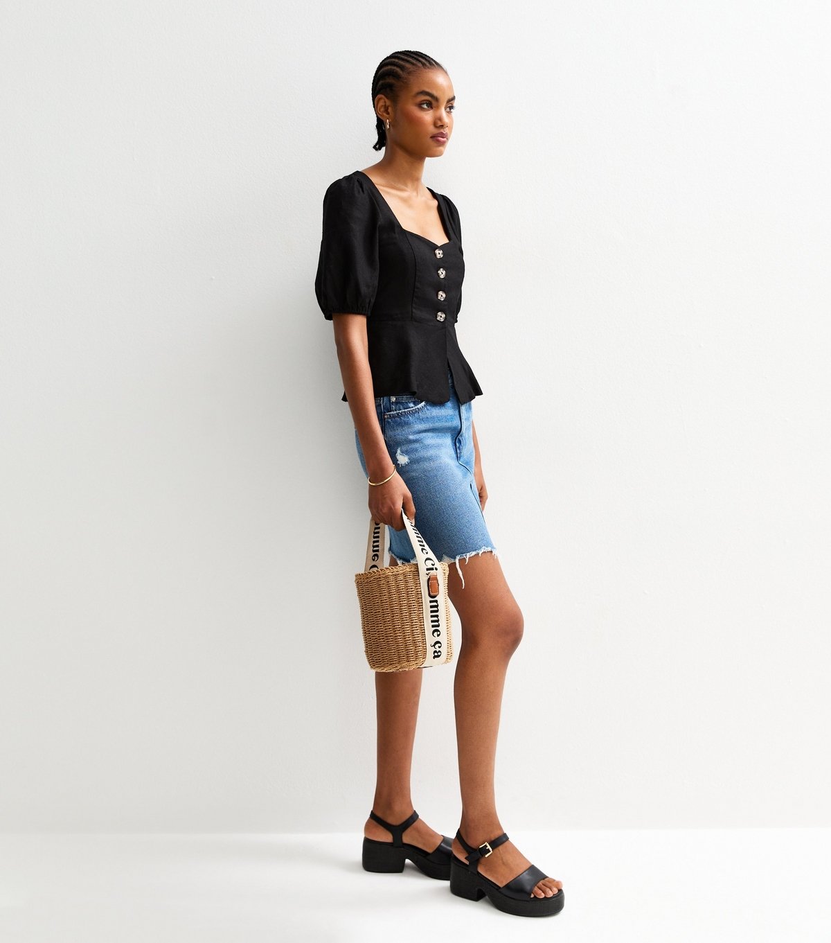 New Look Women's Tall Black Linen Blend Button Up Peplum Top New Look - 3