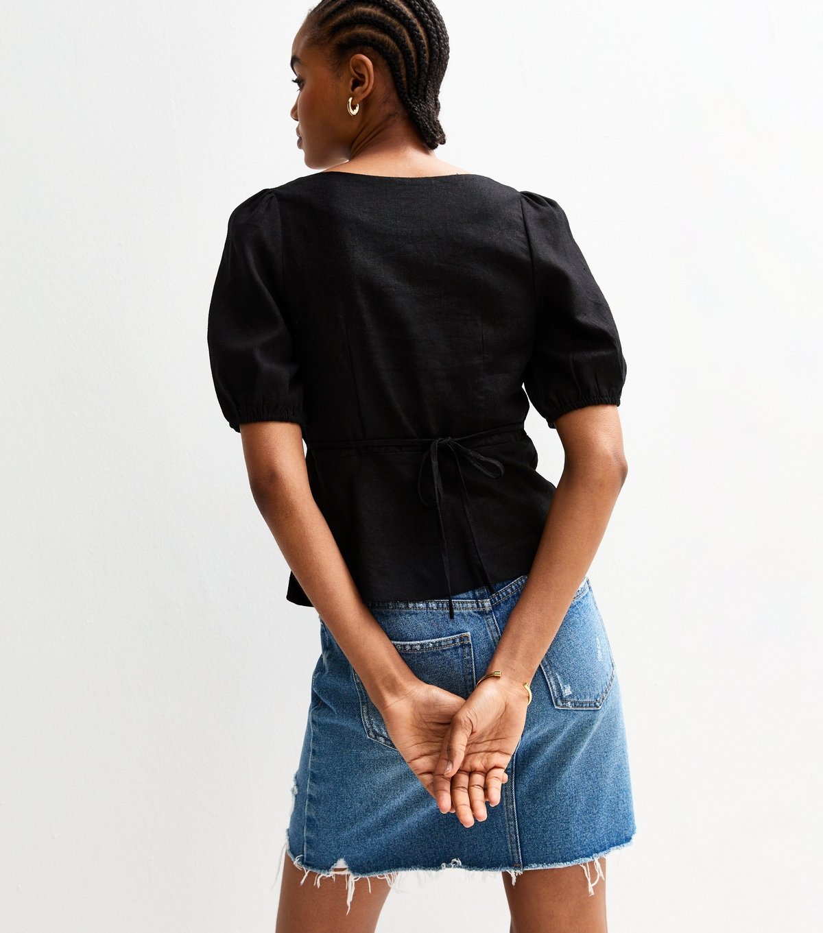 New Look Women's Tall Black Linen Blend Button Up Peplum Top New Look - 4